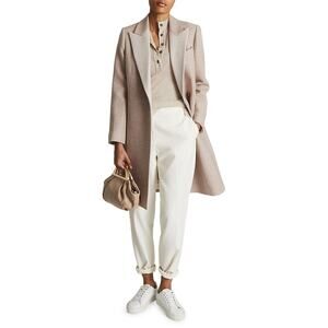 Reiss Mandie Contrast Collar Wool-Blend Trench Coat Double Breasted Neutral Sz12